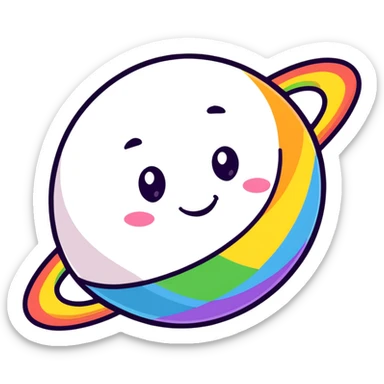 round planet with rainbow stripes in all colors and a cute happy face sticker