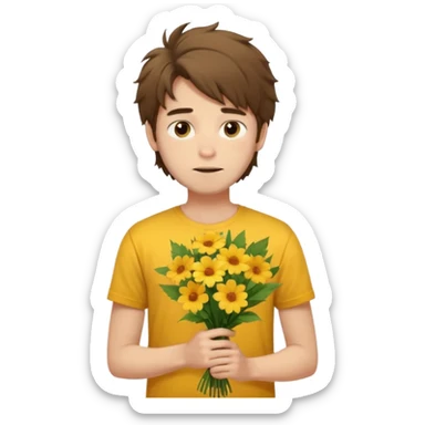 generate an ios genmoji of a 20 year old fair boy with brown long and messy hair with faint beard on cheeks. carrying a flower bouquet, wearing a yellow tshirt, looking shy.  sticker