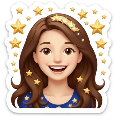 woman with long brown hair laughing with stars and sparkles, light beige sticker