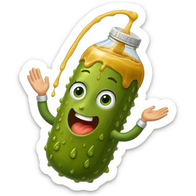a cartoon pickle with juice squirting from the top of it, being squeezed by a hand sticker