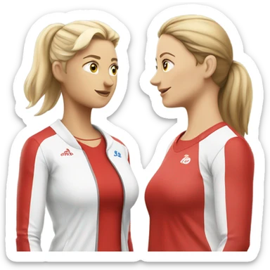 2 white woman in sportswear talking, one is red color sticker