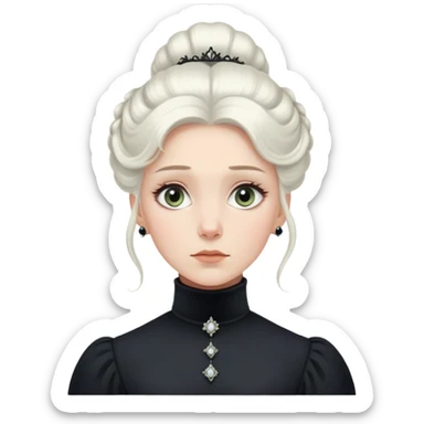 Victorian-era white woman with white coiffed hair, light eyes, wearing a simple dark turtleneck Victorian gown, with a dropped jaw in awe and wonder sticker