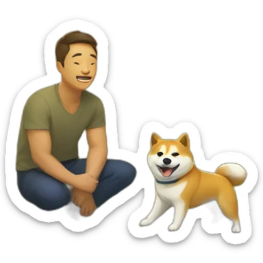 On a sunny day, a man squats by a stream, accompanied by a loyal Shiba Inu. sticker