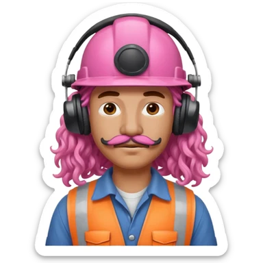 construction worker with pink long curly hair and protective headphones and mustache sticker