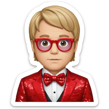 Elton John with dark blonde hair, red sequin suit with bow tie sticker