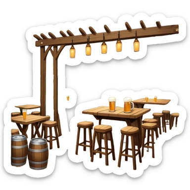 Cinematic Realistic Biergarten Pop Culture Emoji, showcasing a charming outdoor beer garden scene rendered with rustic details and inviting, soft lighting. sticker