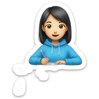 Cute asian girl doing lessons in a blue sweatshirt sticker
