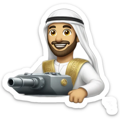 prince from Saudi Arabia with a beard in a white  shemagh national headdress riding  on a tank, smiling sticker
