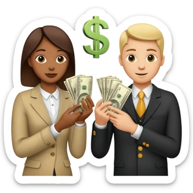 Two people exchanging money, with a dollar sign between them, symbolizing billing and financial transactions. sticker
