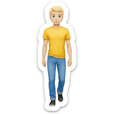 A cinematic realistic blond man with blue eyes, dressed in wide jeans and a yellow T-shirt, walks against a background of trees sticker