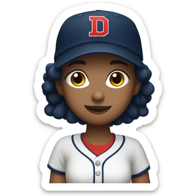Dark hair girl who wearing navy ballcap emblazoned with a red D initial and wearing baseball uniform sticker