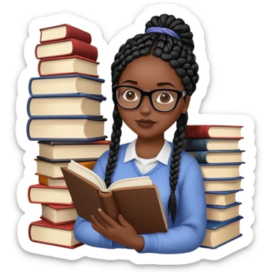 A dark-skinned Black woman with black box braids, wearing glasses, reading a textbook with a stack of books beside her. sticker