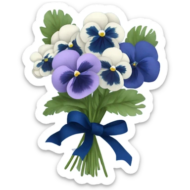 Bouquet composed of blue pansies, navy blue peonies tied with a blue ribbon and in the background navy blue butterflies and blue stars  sticker