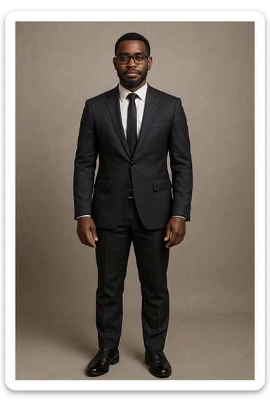 a dark-skinned man in a suit with glasses, full-length sticker