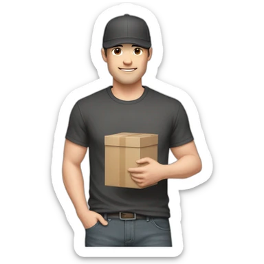 Pale skinned fit Man with dark brown hair in a black cap, gray jeans and brown polo T-shirt keeping a pasted with tape white box into his hands sticker