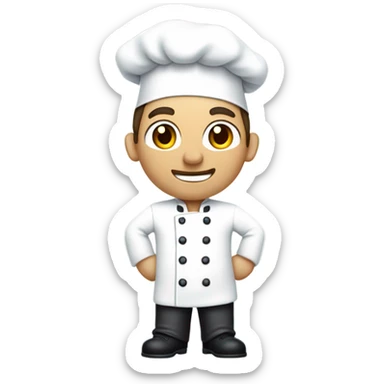 Full shot of a cartoon chef.

The chef is a light yellowish-tan color, with dark brown hair, and light blue eyes. He's wearing a white chef's jacket with dark-colored (black or dark gray) trousers, and dark-colored shoes. The chef's jacket has visible, evenly spaced, small round buttons. There is a small, featureless, light tan or beige colored patch on the jacket's right shoulder. A white chef's hat sits atop his head. His expression is neutral, but friendly, with a slight smile visible. His hands are positioned with his arms bent at the elbows and hands resting on his waist.

 sticker