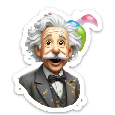 happy albert einstein with lots of colourful confetti and party balloons sticker