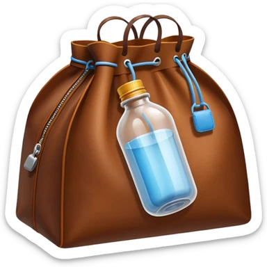 white transparent plastic bottles popping out of a leather brown bundle bag sticker