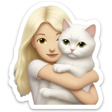 Blonde girl snuggling white Persian cat sticker