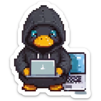 black rubber duck with tiny hoodie and a laptop, hacker sticker