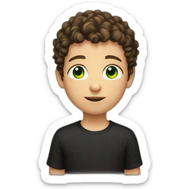 Young boy with short brown curly hair and black tee shirt and green eyes sticker