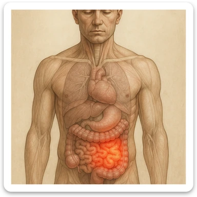realistic anatomical illustration of human body with inflamed intestine, front view, inflammation with glowing red effect, vertical 9:16 format sticker