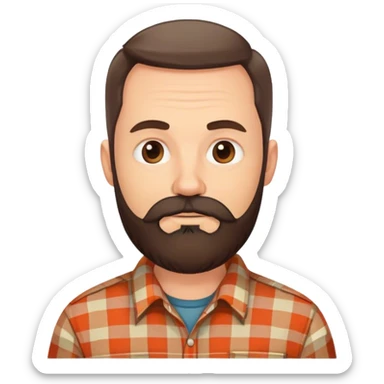 middle aged white man with dark brown circle beard, wearing a plaid shirt sticker