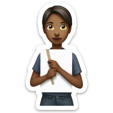 A girl holding placard with "why?" written on it sticker