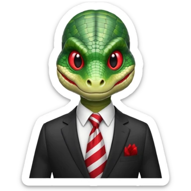 A green reptilian humanoid dressing a suit, striped red and white tie, human emoji style, his face is seriously, his eyes is similar to real viper snake eye sticker