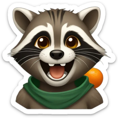a small brown raccoon with orange eyes and a dark green hood that is laughing sticker
