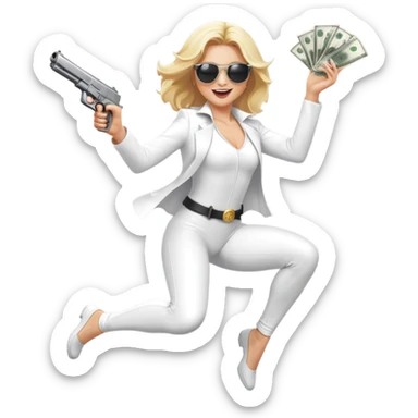 Mafia blondes woman Jumping for joy , in sunglasses, gun ,money , white costume  sticker
