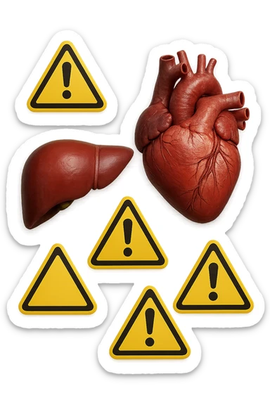 emoji stile iphone di fegato e cuore anatomici realistici in 3d che fluttuano in aria insieme a segnali di pericolo, FALLO MOLTO REALISTICO IN 3D sticker