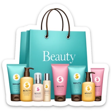 Gift bag with beauty products (shampoo, creams, styling products), a gift bag is beautyful open box with luxury brand-labeled beauty products standing nearby sticker