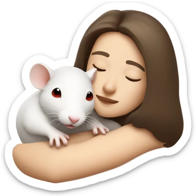 white brunette sleeping tan woman cuddling with one tiny white rat with red eyes sticker