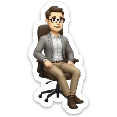 😝 Pale skinned Fit Man With dark brown hair in gray jacket, beige office shirt, Brown pants and vintage glasses sitting In a soft chair with a notebook and a pen sticker