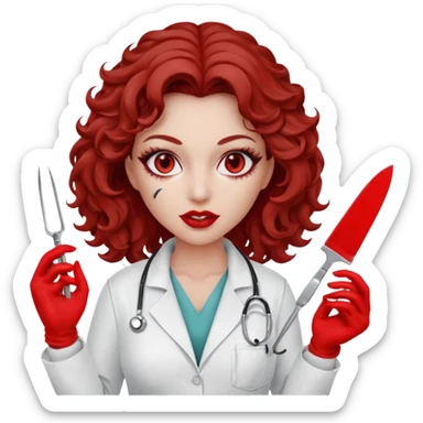 Scary woman scalpel in hand, evil surgeon sexy surgeon clothes.  She has red eyes. Her  brown long curly hair. Wears sexy doctor outfit with red gloves. make her hair free and brown but she  wear mouth cover   to hide. Wears white surgeon jacket and sticker