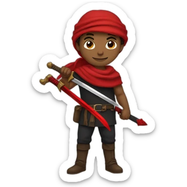 A brown man carries a red sword, wears clothes stained with red blood, has two horns on his head, wears a black scarf, and the color of his sword is black and red. sticker