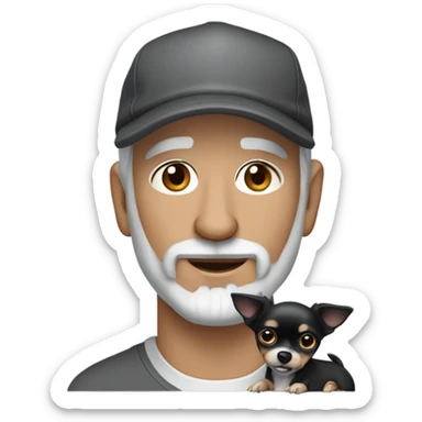 Older man blue eyes gray hair gray goatee in ball cap holding black longhair chihuahua  sticker