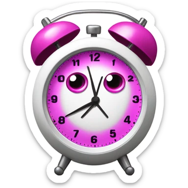 A fucsia alarm clock with eyes and a white dial sticker