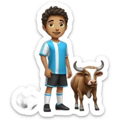 Arab boy playing soccer, a bull stand beside him sticker