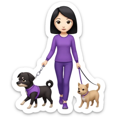 black hair Chinese woman wearing purple top and black pants walking 1 small light brown dog sticker