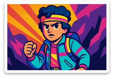 Stranger Things inspired character, 1980s kid with retro clothes and a determined expression, vibrant toon style, wide aspect ratio 16:9 sticker