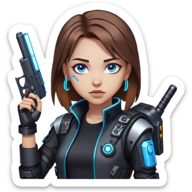 Neon cyberpunk style 
girl with brown hair and blue eyes 
shoots sticker