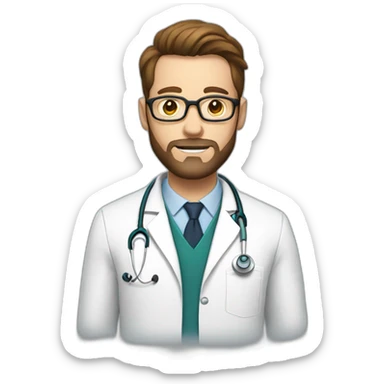 white doctor with short brown hair, big forehead, glasses and beard sticker