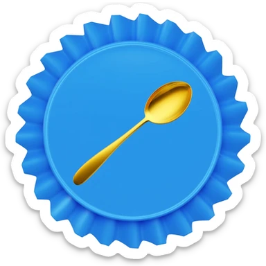 Blue verification badge with ribbons, gold spoon centered on badge sticker