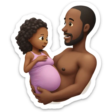 Pregnant man with a huge womb holding a toddler playing with his belly sticker
