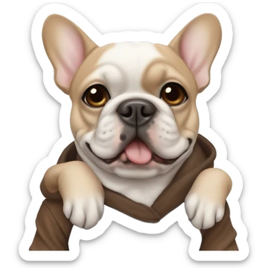 A brown French bulldog with a dark muzzle sits in the arms of a girl with short dark hair and blue eyes sticker