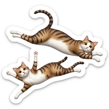 dark brown tabby and white cat with doing a big extremely long stretch reaching up into the air with arms and legs side by side together straight and overextended whilst lying on its side sticker
