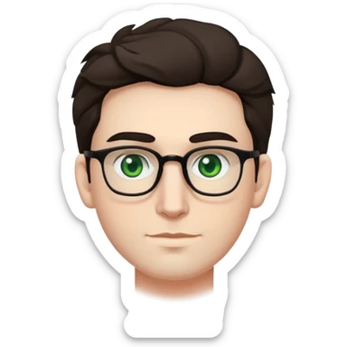 young man with pale skin, larger face, bigger nose, thick dark eyebrows, dark tall voluminous slightly wavy hair styled up high on head but not curly, wearing glasses with green eyes and very light stubble, with a slight smile sticker
