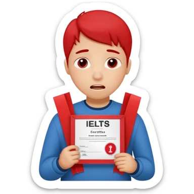emoji student sad holding red sertificate IELTS 5.5, crying, failure, white background sticker